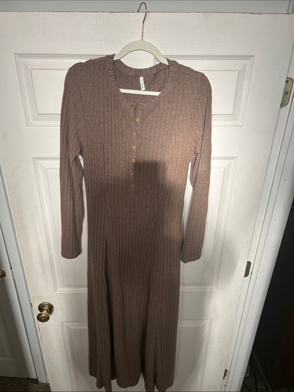 HALARA Ribbed Henley Long-Sleeve Midi Dress in Brown